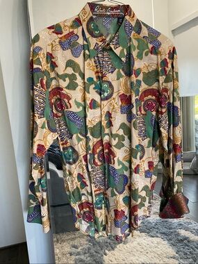 Robert Graham Beige Shirt with Green, Red, Blue & Gold Paisley Print